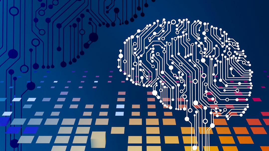 Abstract artificial intelligence artwork with laptop, illustrative image
