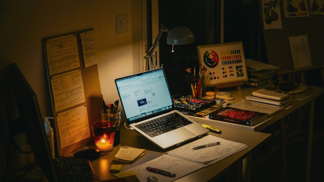 Research desk with a laptop and reference books