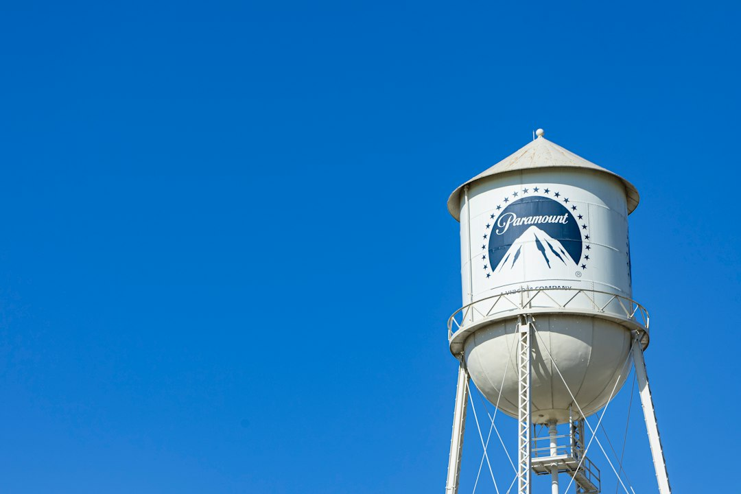 Paramount Pictures studio water tower in Hollywood beneath a blue sky
