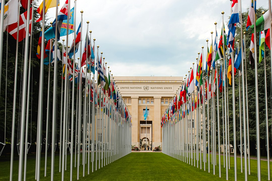 Flags outside a United Nations building in Geneva; illustrative image for UNHCR funding report