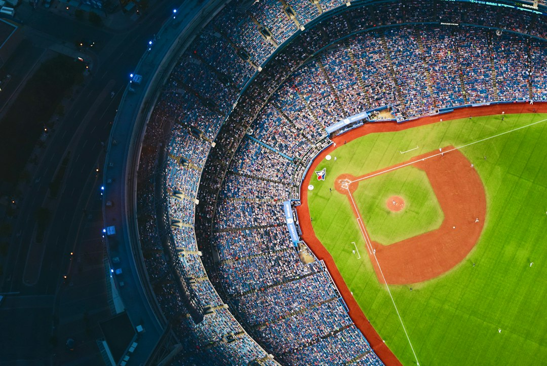 Professional baseball stadium illuminated for a night game