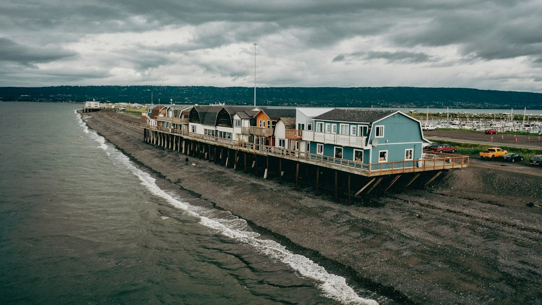 Aerial view of homes and businesses along the Alaska coast