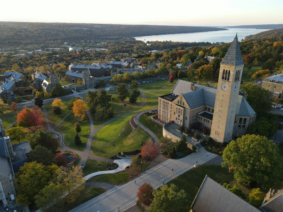 Aerial view of Ithaca, New York, where Cornell University is located