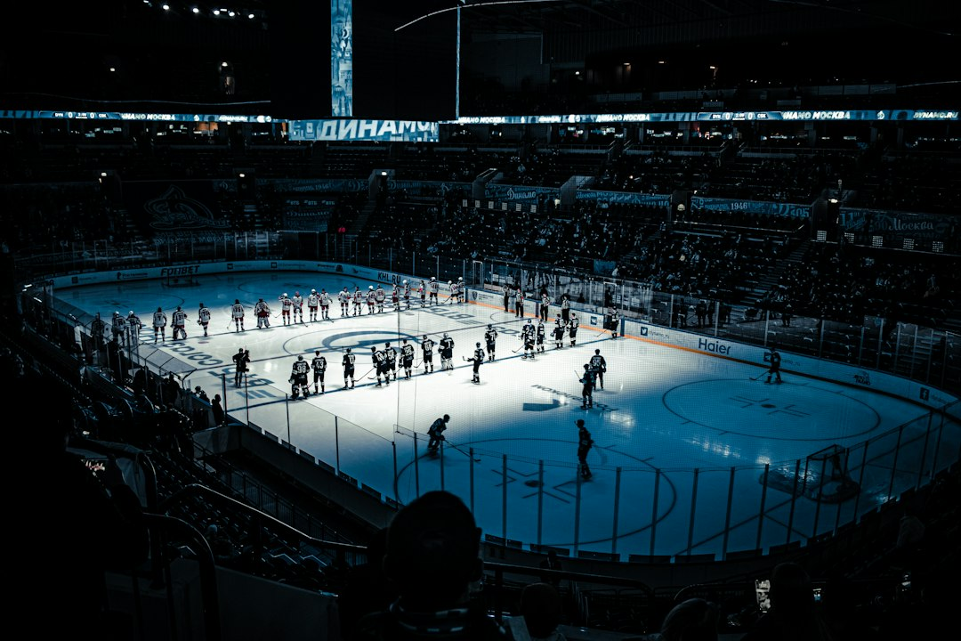Illustrative view of ice hockey players and arena seating