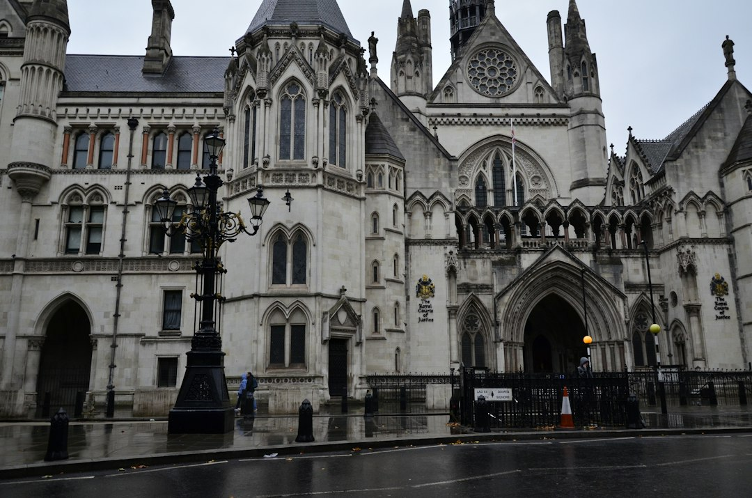 Gothic courthouse-style building in London on a rainy day