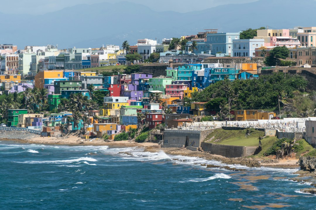 Puerto Rico coastline and buildings under bright sunshine