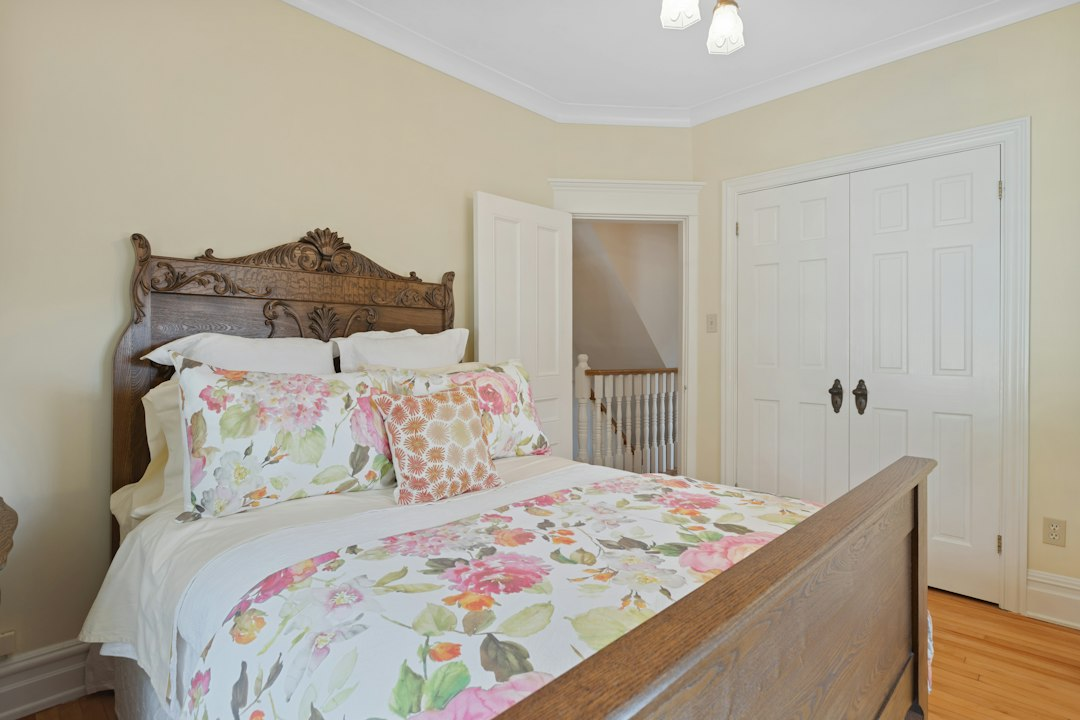 Illustrative bedroom with vintage-style floral bedding