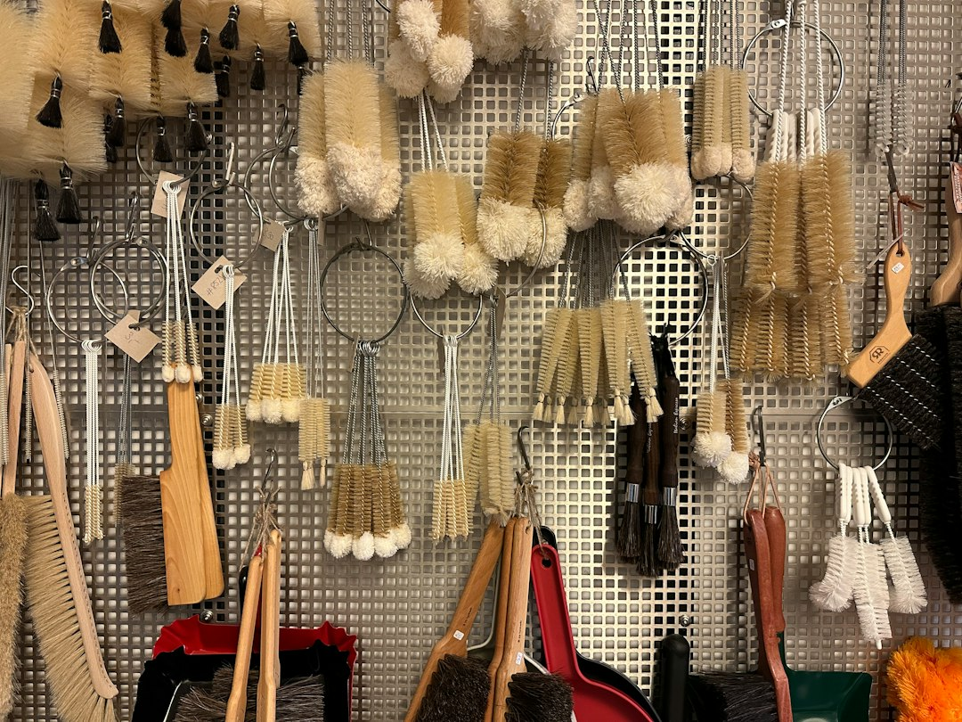 Rows of household cleaning brushes displayed in a shop